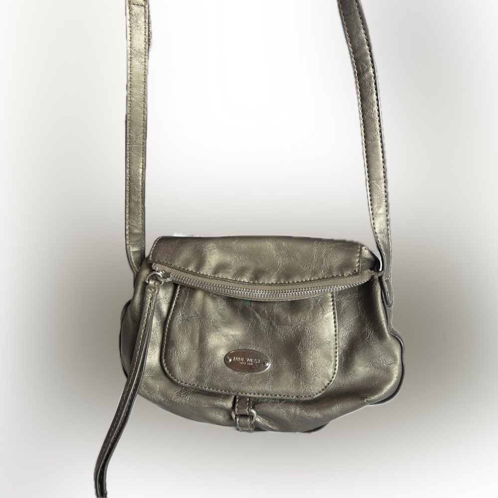 Nine West Small Dark Silver Gray Crossbody Purse- Faux Leather- Adjustable 9x7in